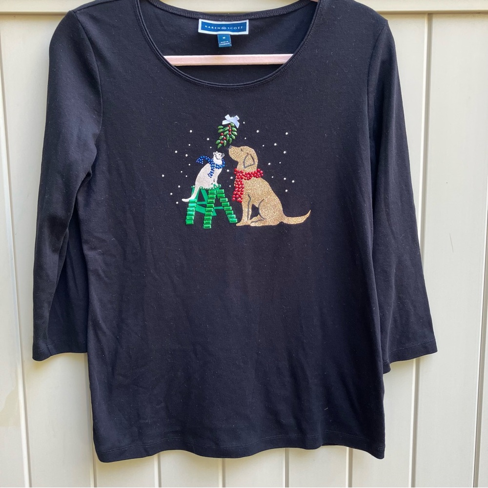 Karen Scott 3/4 sleeve black Christmas t shirt medium cat dog mistletoe sparkle
